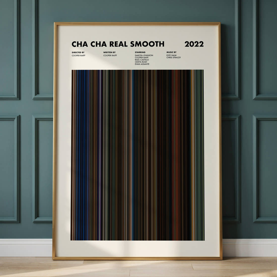Cha Cha Real Smooth Movie Barcode Poster framed and leaning against a panelled wall