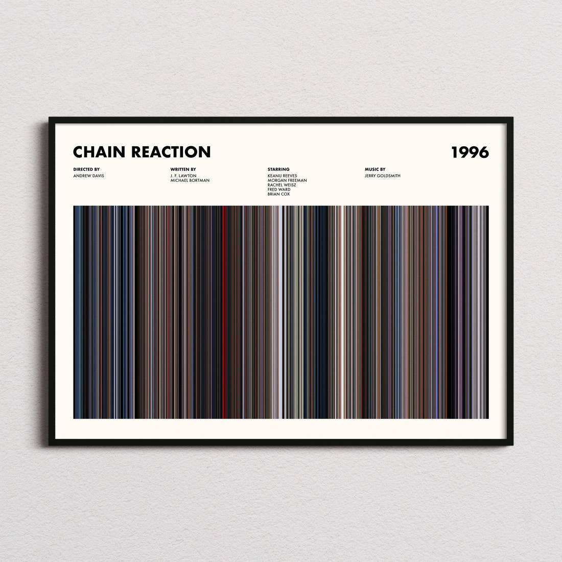 Chain Reaction Movie Barcode Poster framed and photographed straight on