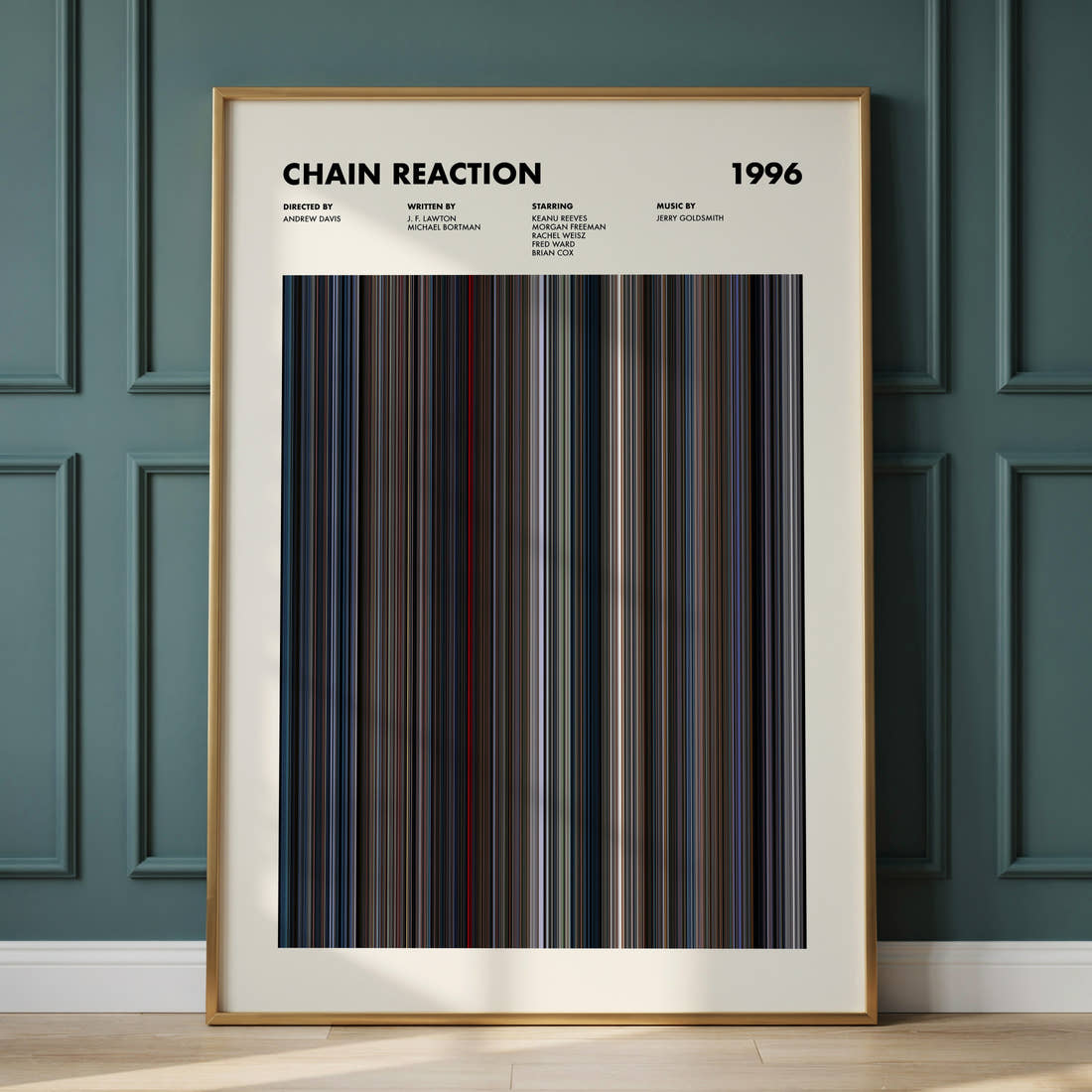 Chain Reaction Movie Barcode Poster framed and leaning against a panelled wall