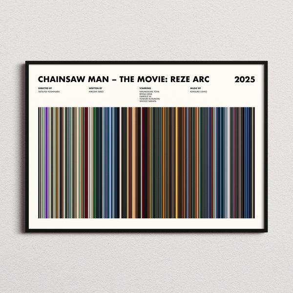 Chainsaw Man The Movie: Reze Arc Movie Barcode Poster framed and photographed straight on