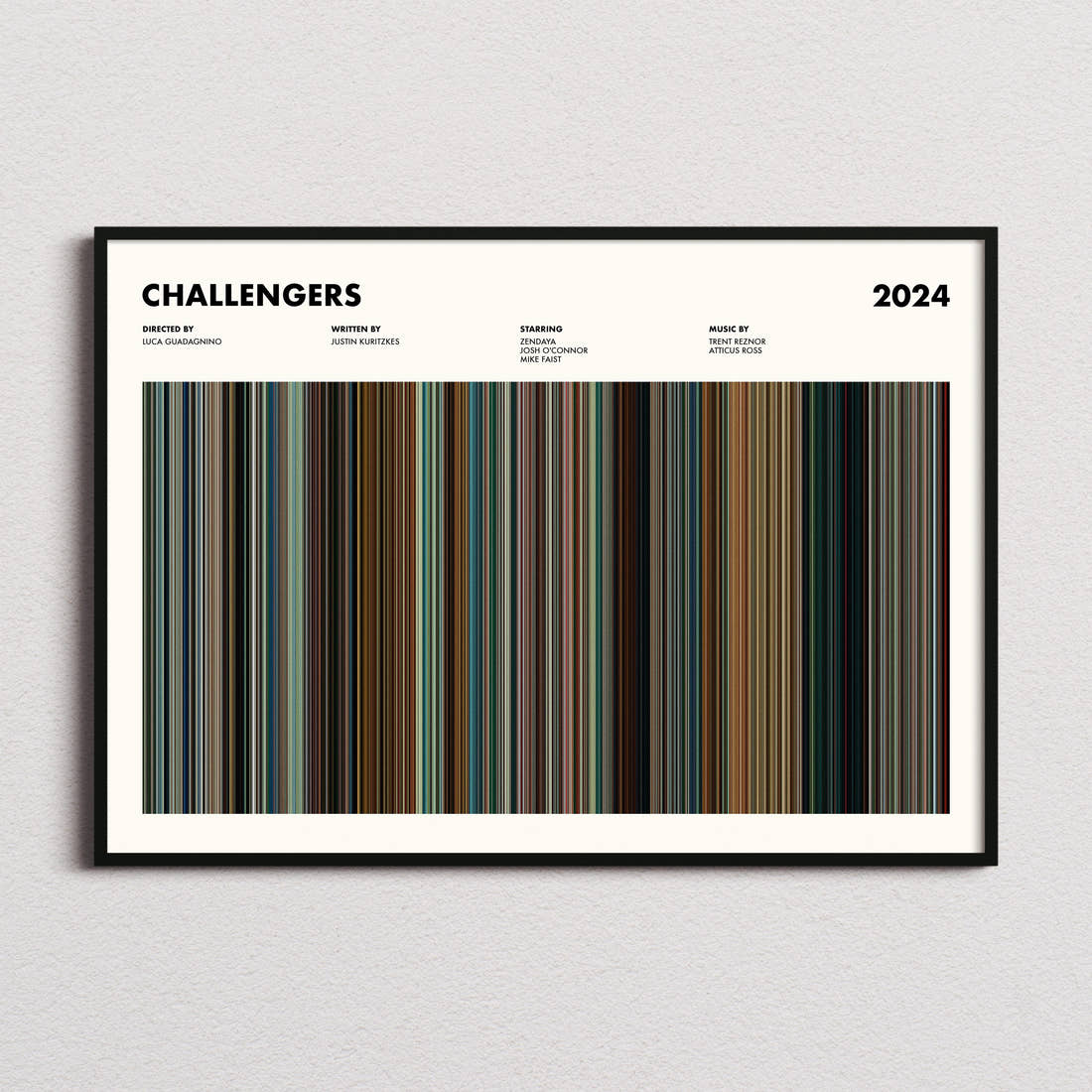 Challengers Movie Barcode Poster framed and photographed straight on