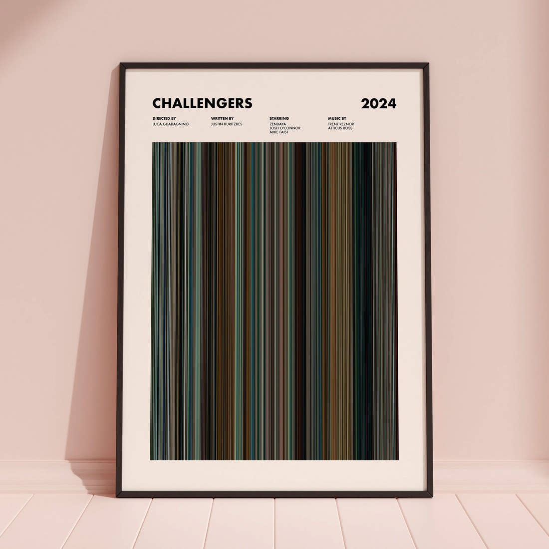 Challengers Movie Barcode Poster framed and leaning against a coloured wall