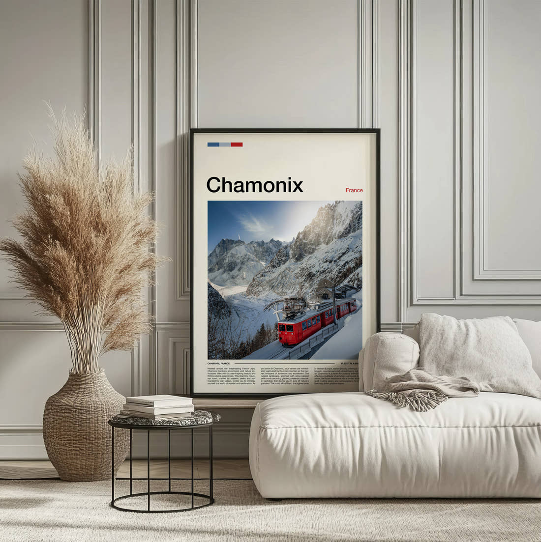 Chamonix Red Mountain Train Travel Print framed on the wall of a calm, neutral bedroom