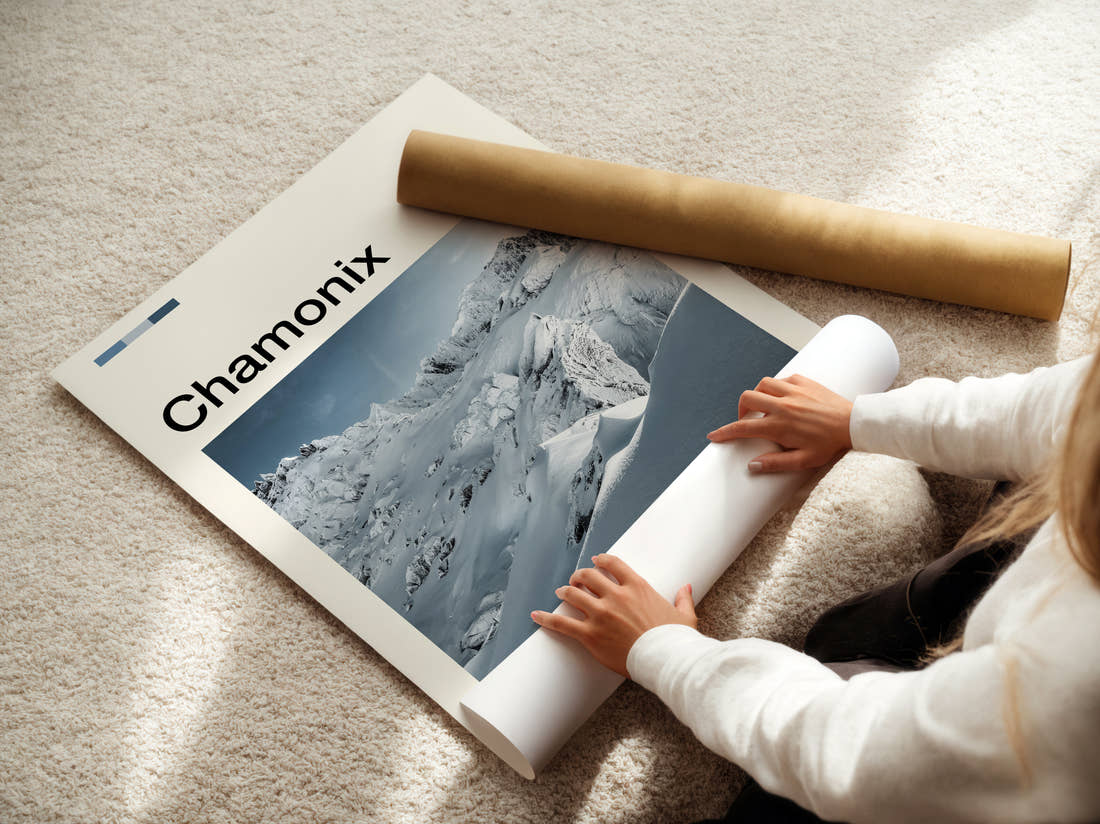 Chamonix Snowy Mountain Peak Travel Print being unrolled from its postal tube