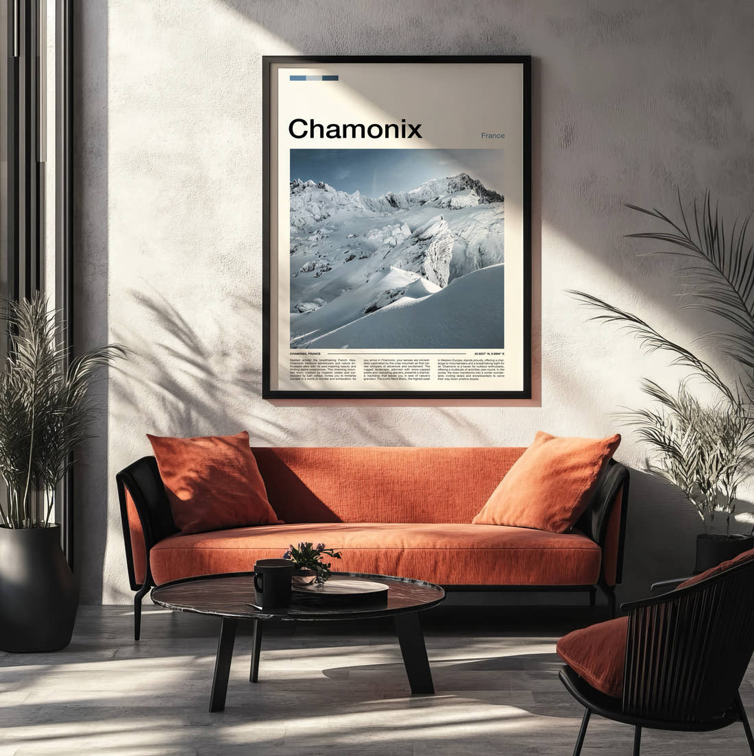 Chamonix Snowy Mountain Peak Travel Print framed on the wall of a modern living room
