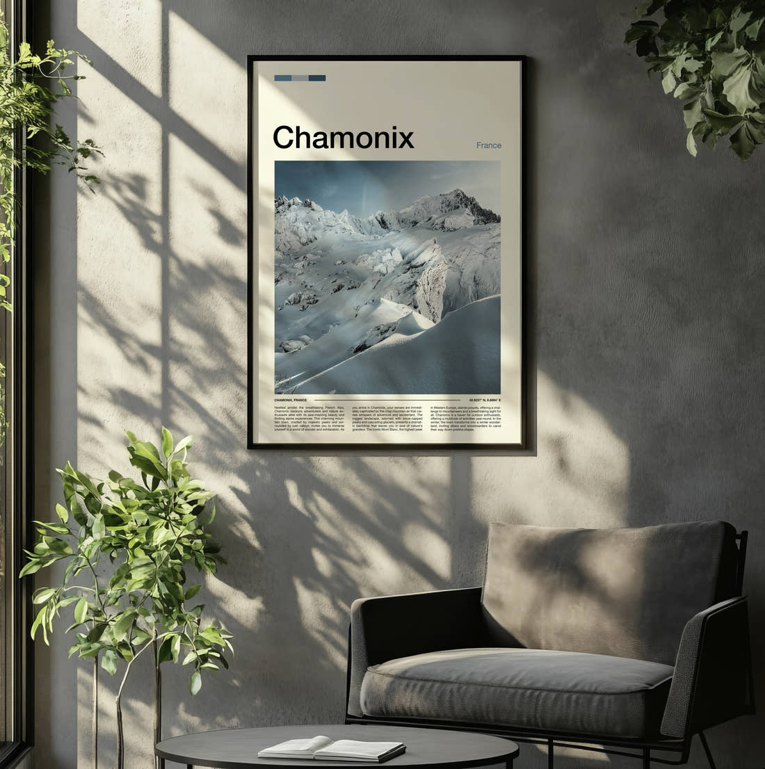 Chamonix Snowy Mountain Peak Travel Print framed on the wall of a relaxed living room