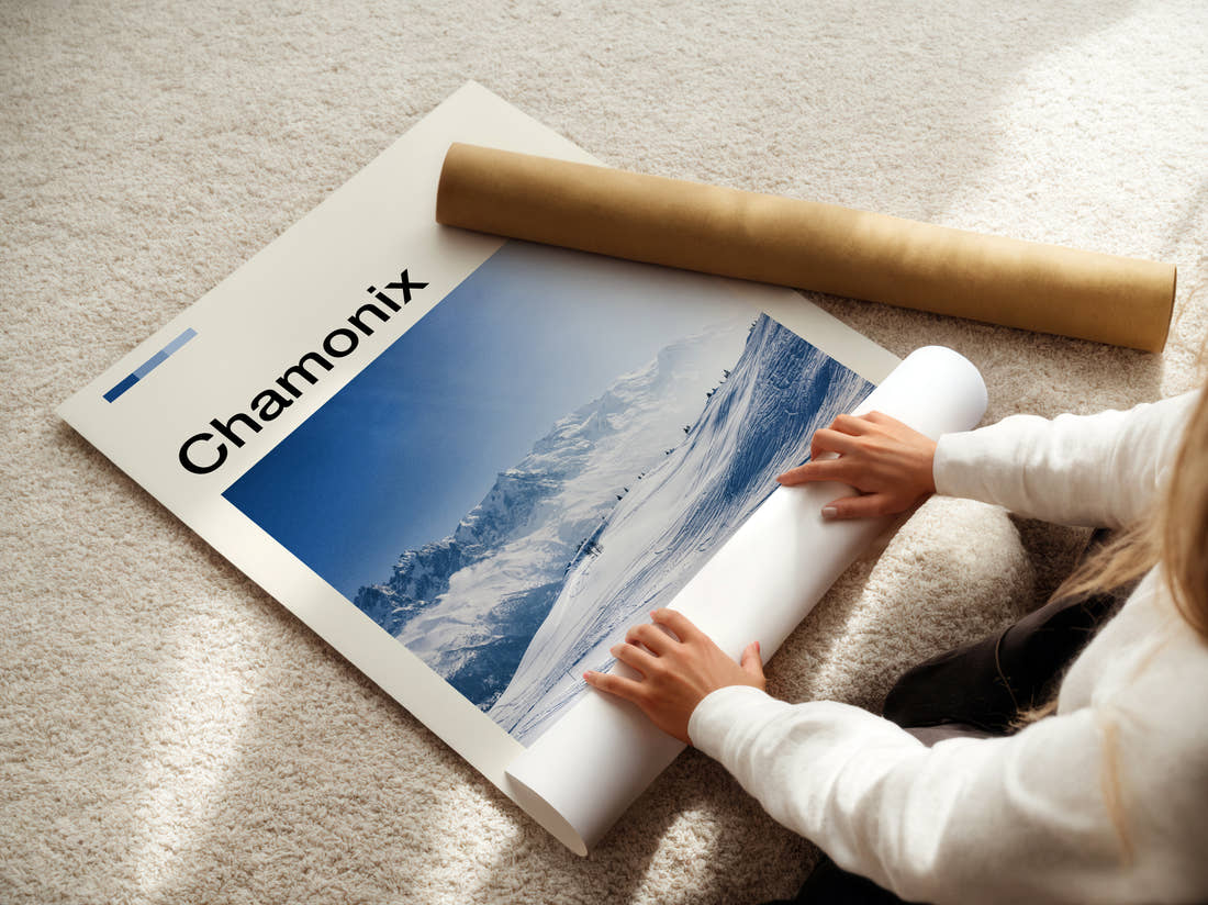 Chamonix Snowy Ski Slopes Travel Print being unrolled from its postal tube