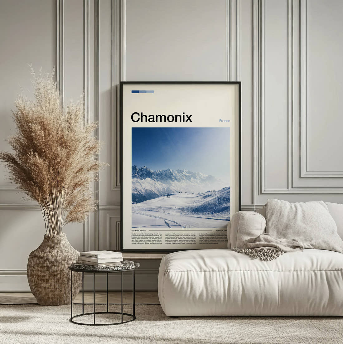 Chamonix Snowy Ski Slopes Travel Print framed on the wall of a calm, neutral bedroom