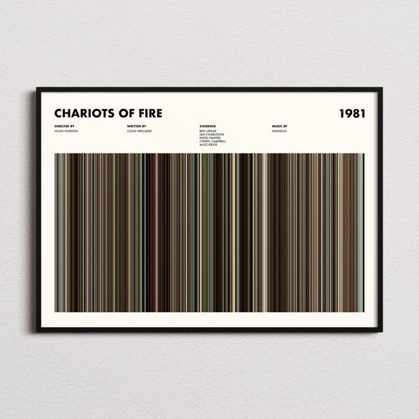 Chariots of Fire Movie Barcode Poster framed and photographed straight on