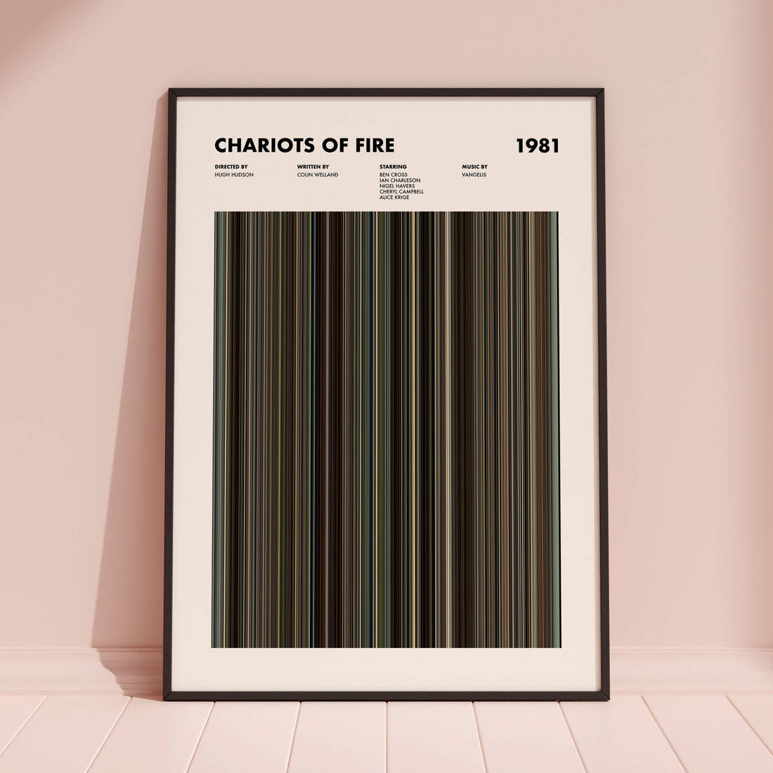Chariots of Fire Movie Barcode Poster framed and leaning against a coloured wall
