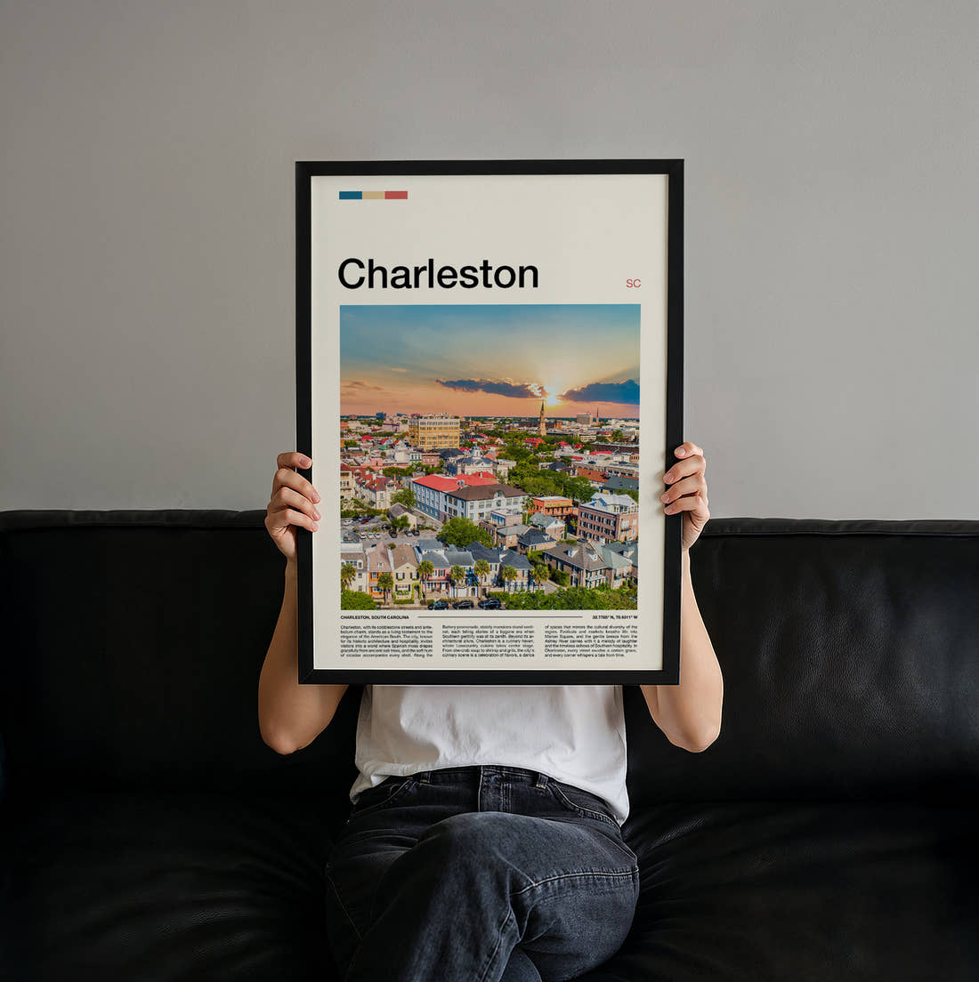 Charleston Sunset Over Rooftops Travel Print held up by hand to show the size of the print
