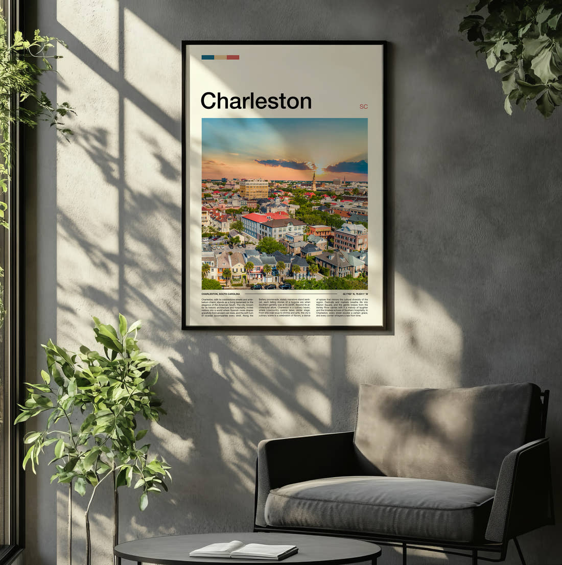 Charleston Sunset Over Rooftops Travel Print framed on the wall of a relaxed living room