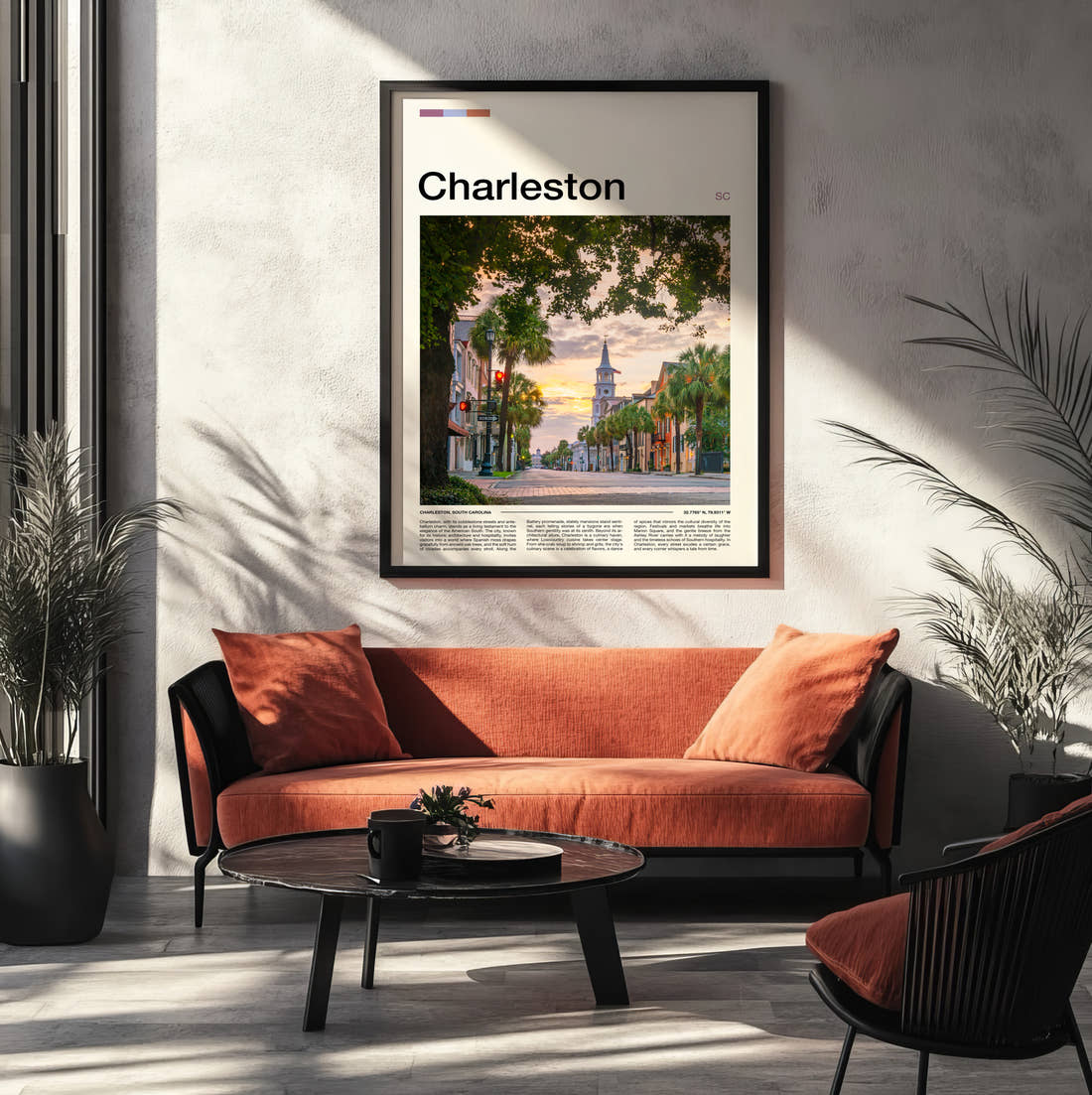Charleston Tree Lined Street Travel Print framed on the wall of a modern living room