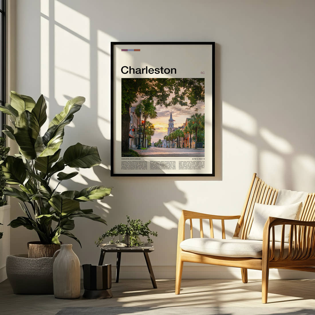Charleston Tree Lined Street Travel Print framed on a pale wall beside houseplants
