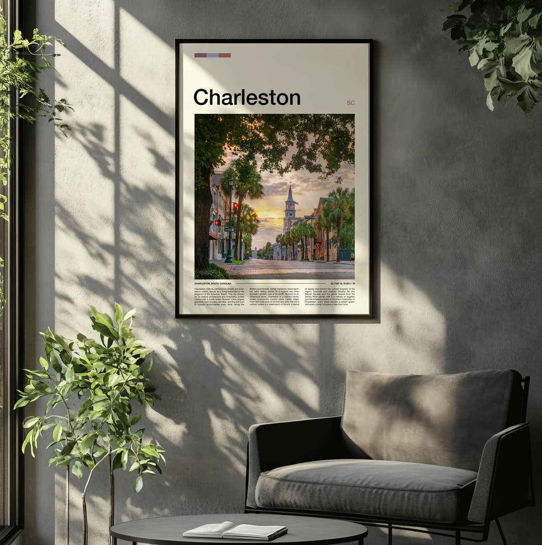 Charleston Tree Lined Street Travel Print framed on the wall of a relaxed living room