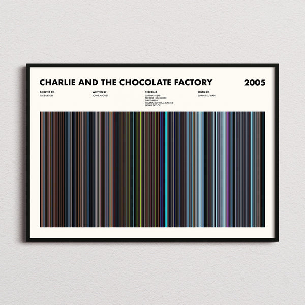 Charlie and the Chocolate Factory Movie Barcode Poster framed and photographed straight on