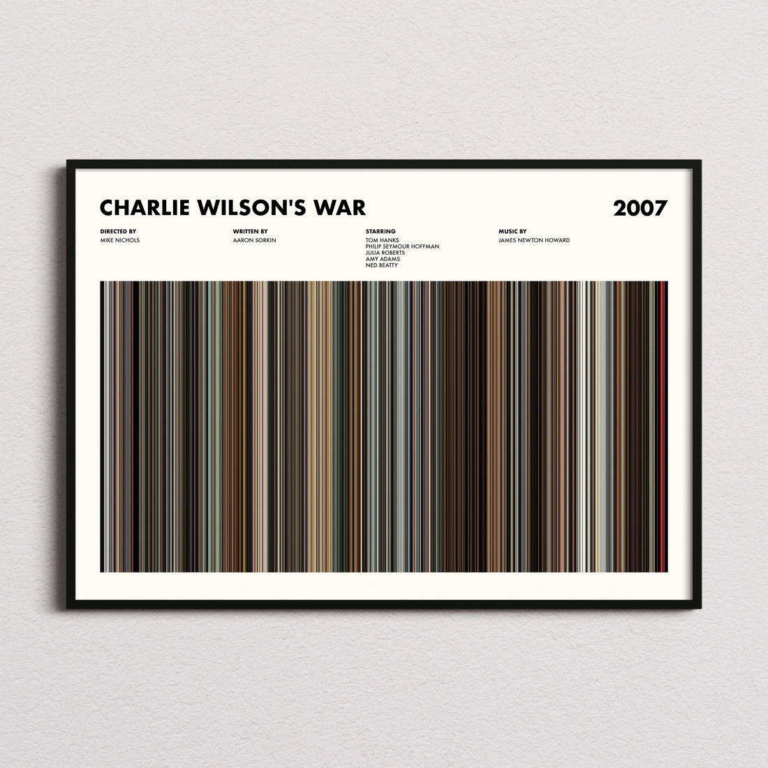 Charlie Wilson's War Movie Barcode Poster framed and photographed straight on