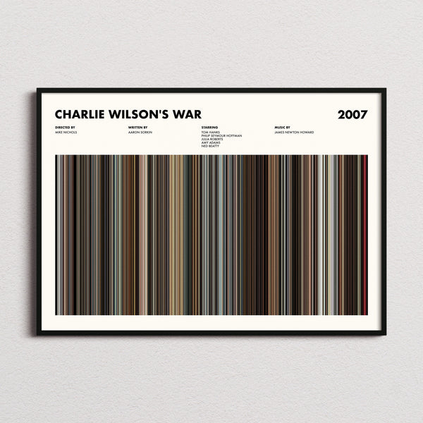 Charlie Wilson's War Movie Barcode Poster framed and photographed straight on