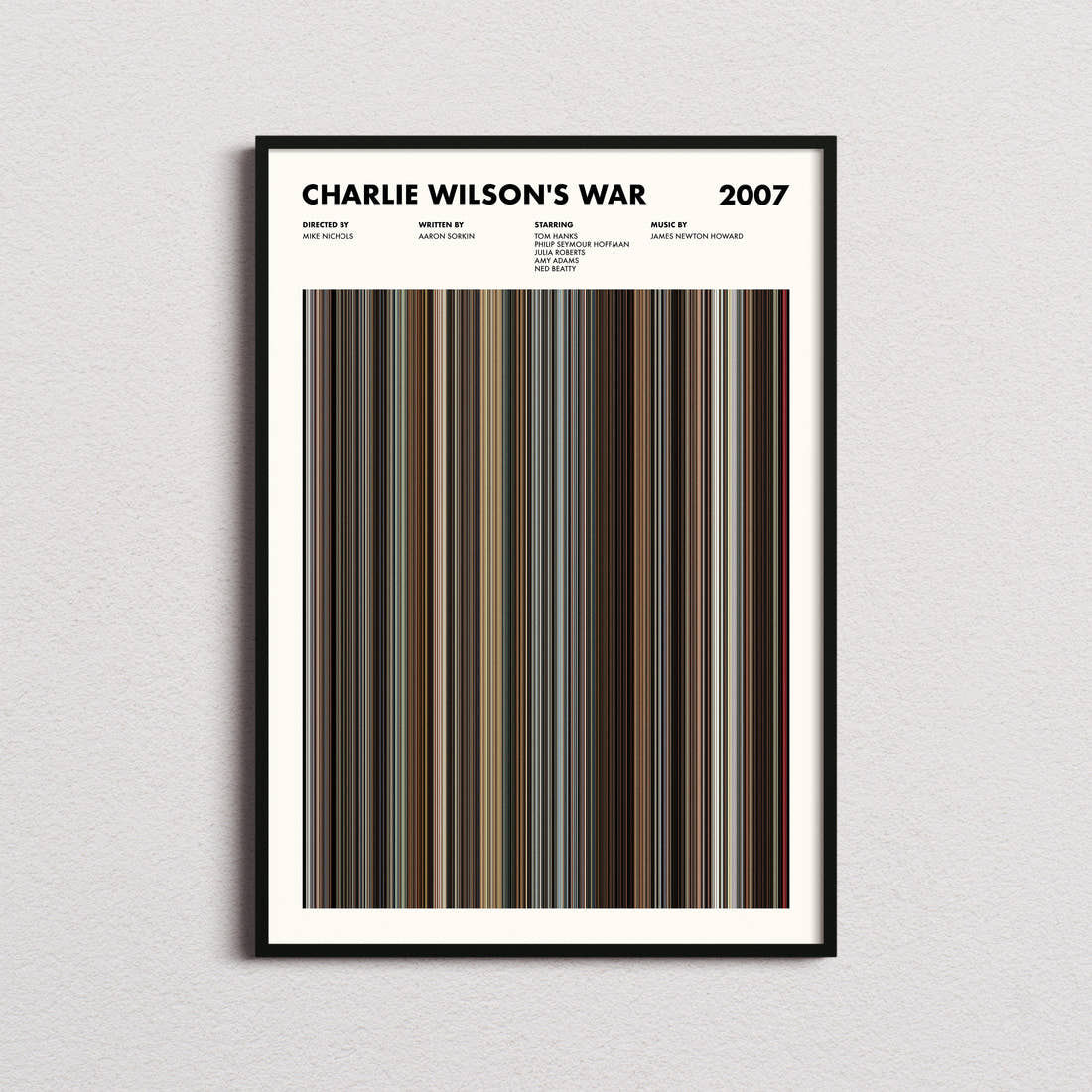 Charlie Wilson's War Movie Barcode Poster framed on a plain studio wall