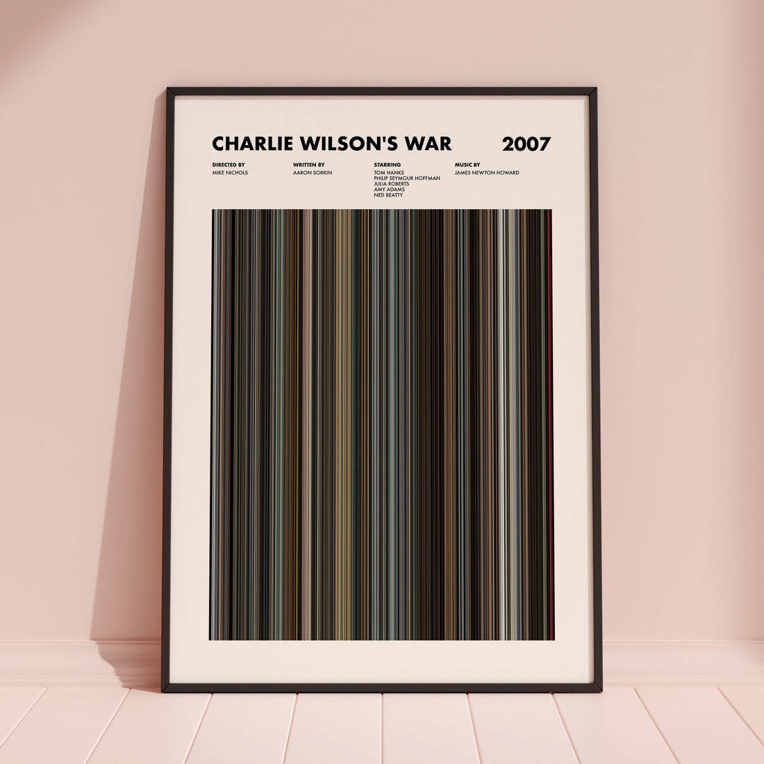 Charlie Wilson's War Movie Barcode Poster framed and leaning against a coloured wall