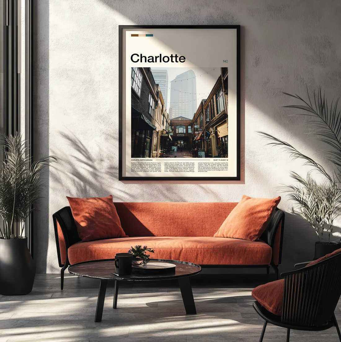 Charlotte Narrow Alley Travel Print framed on the wall of a modern living room