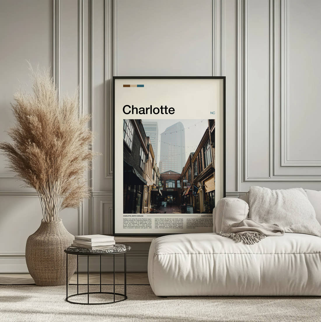 Charlotte Narrow Alley Travel Print framed on the wall of a calm, neutral bedroom