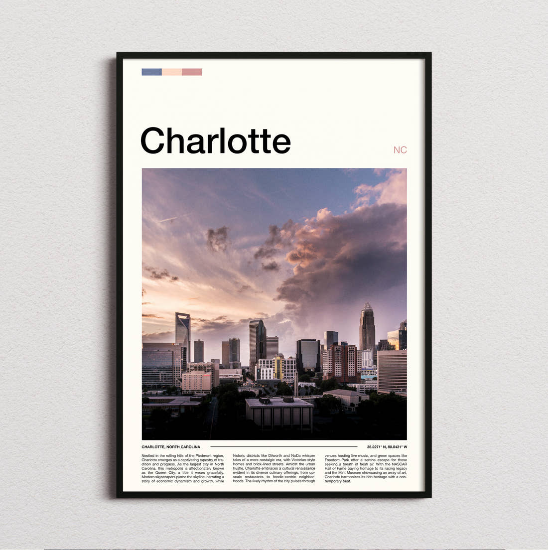 Charlotte Stormy Skyline Travel Print framed and photographed straight on