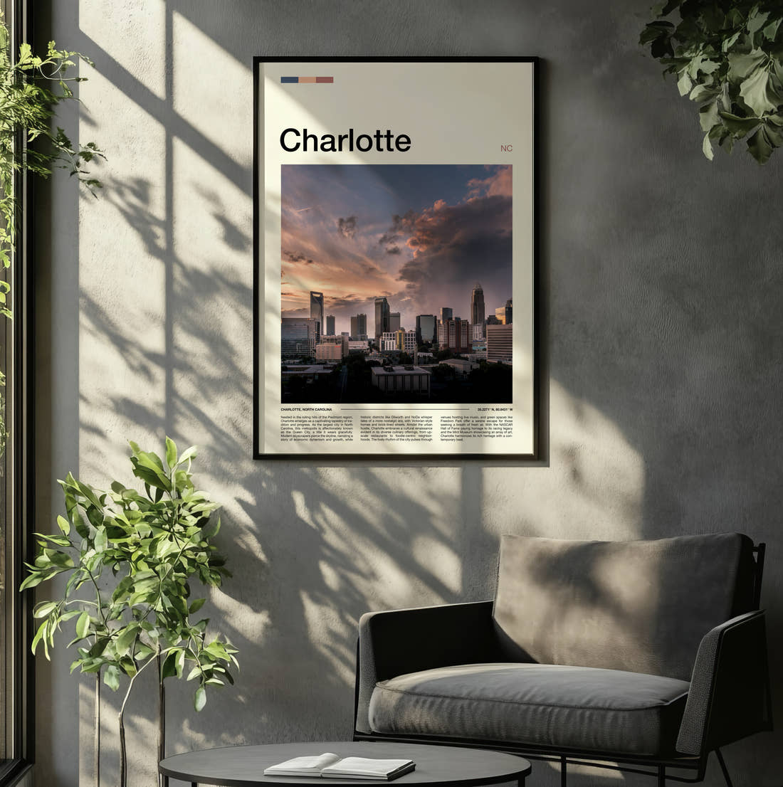 Charlotte Stormy Skyline Travel Print framed on the wall of a relaxed living room