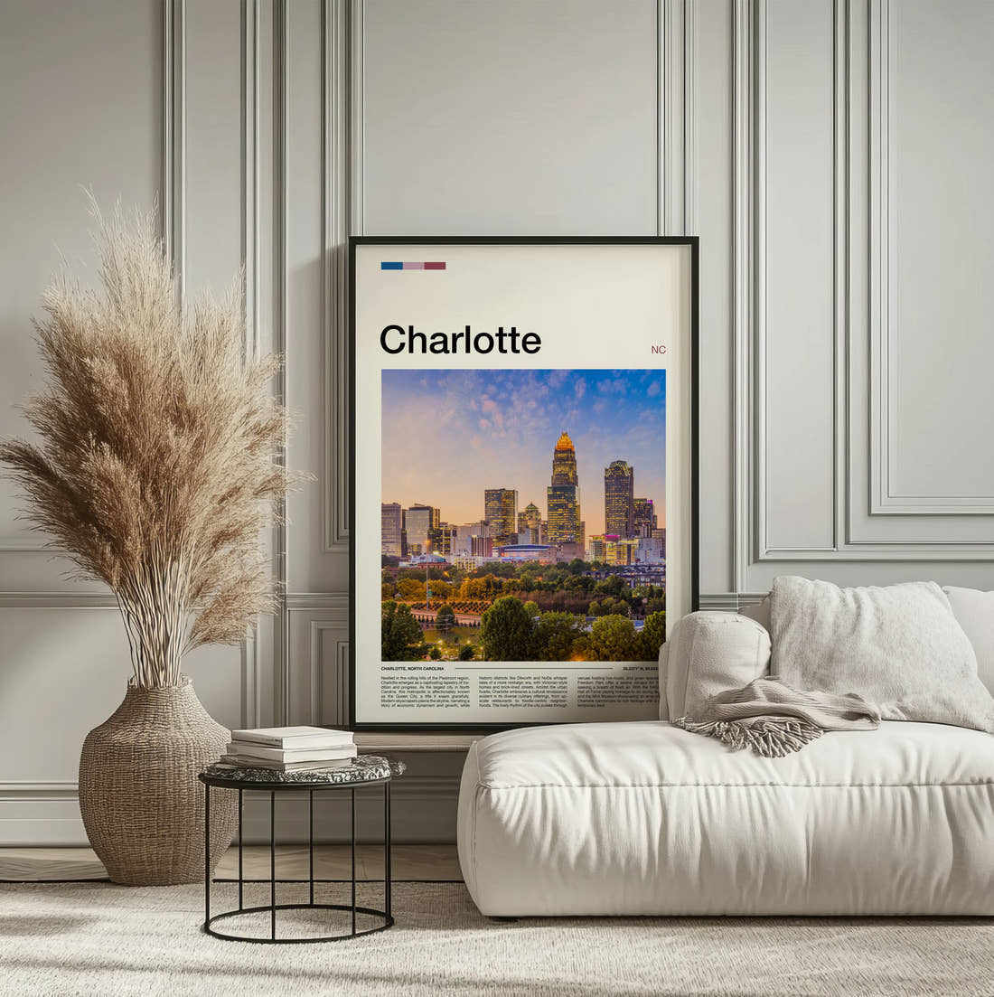 Charlotte Skyline At Dusk Travel Print framed on the wall of a calm, neutral bedroom