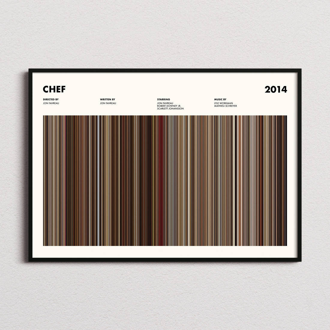 Chef Movie Barcode Poster framed and photographed straight on