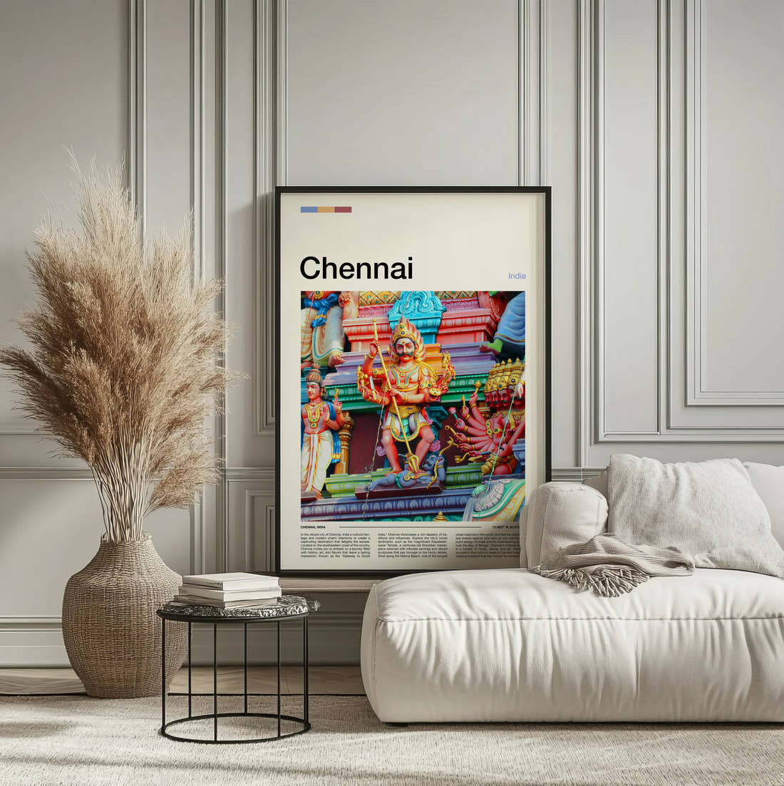 Chennai Hindu Temple Carvings Travel Print framed on the wall of a calm, neutral bedroom