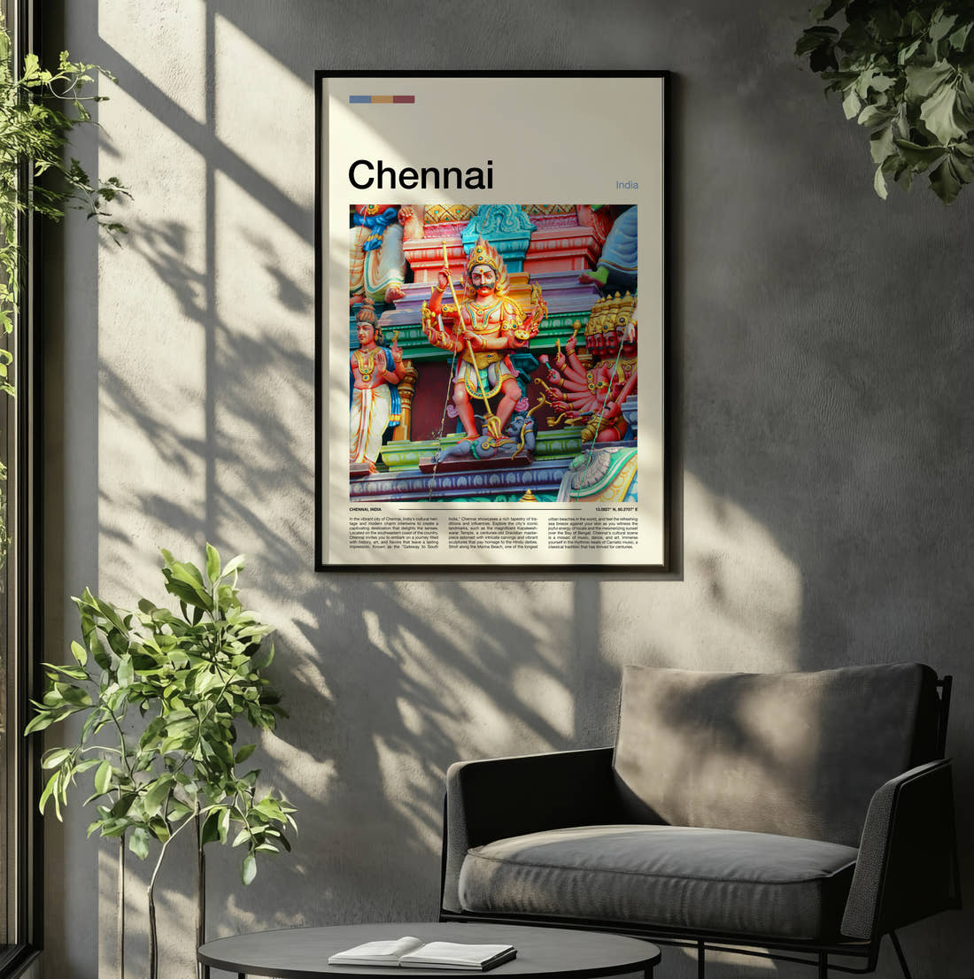 Chennai Hindu Temple Carvings Travel Print framed on the wall of a relaxed living room