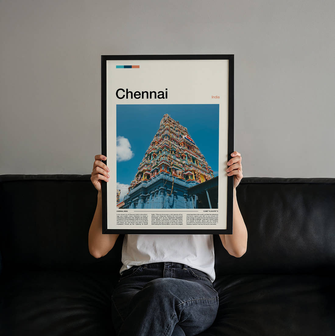 Chennai Temple Gopuram Travel Print held up by hand to show the size of the print