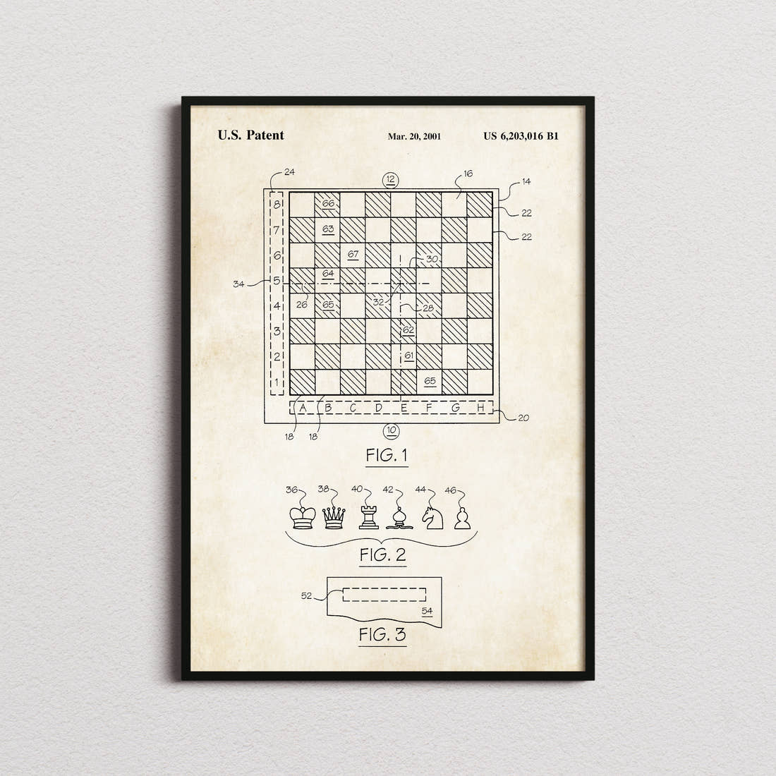 Chess Patent Print in the aged paper colourway, framed