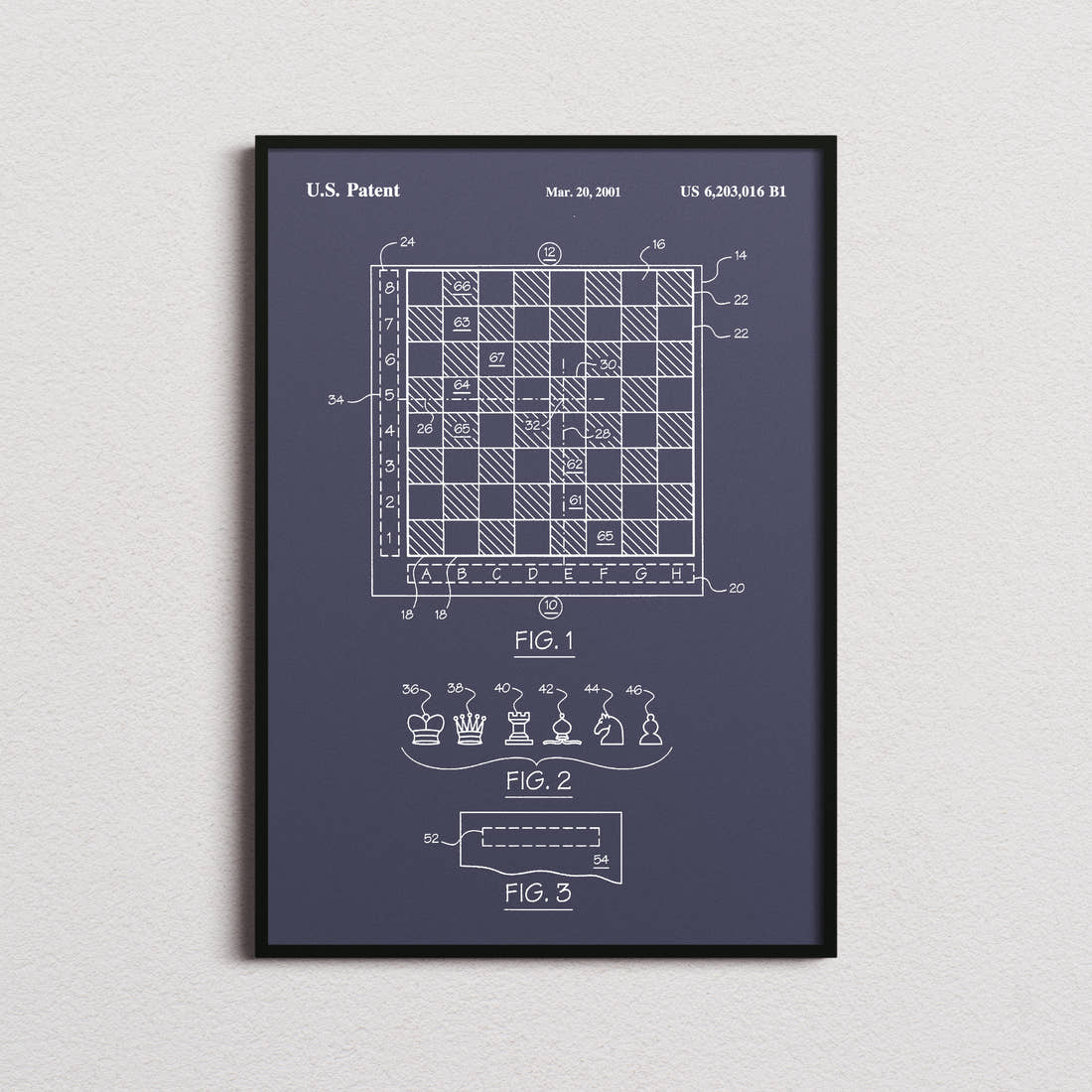 Chess Patent Print in the navy colourway, framed