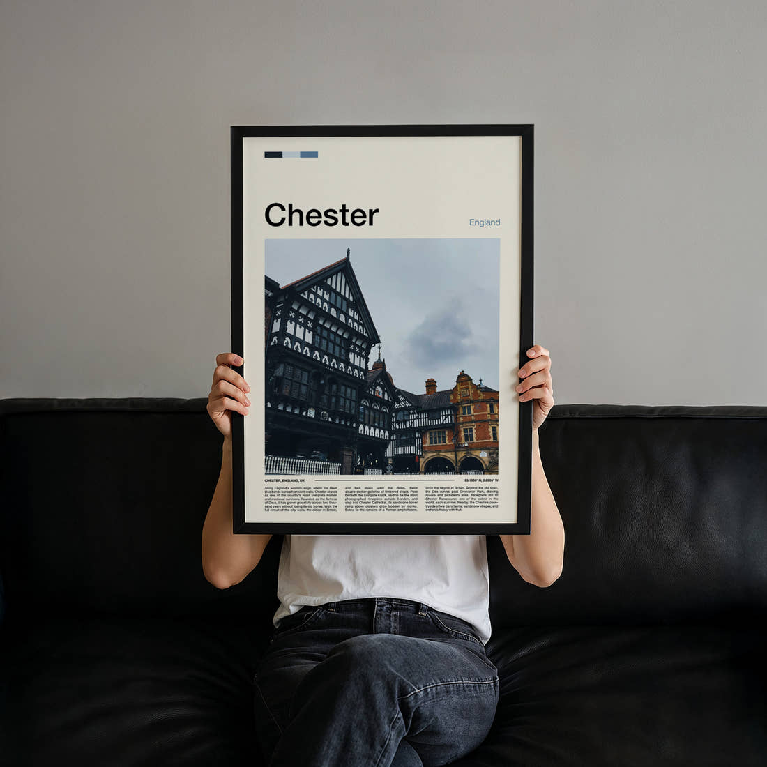 Chester Tudor Timber Rows Travel Print held up by hand to show the size of the print