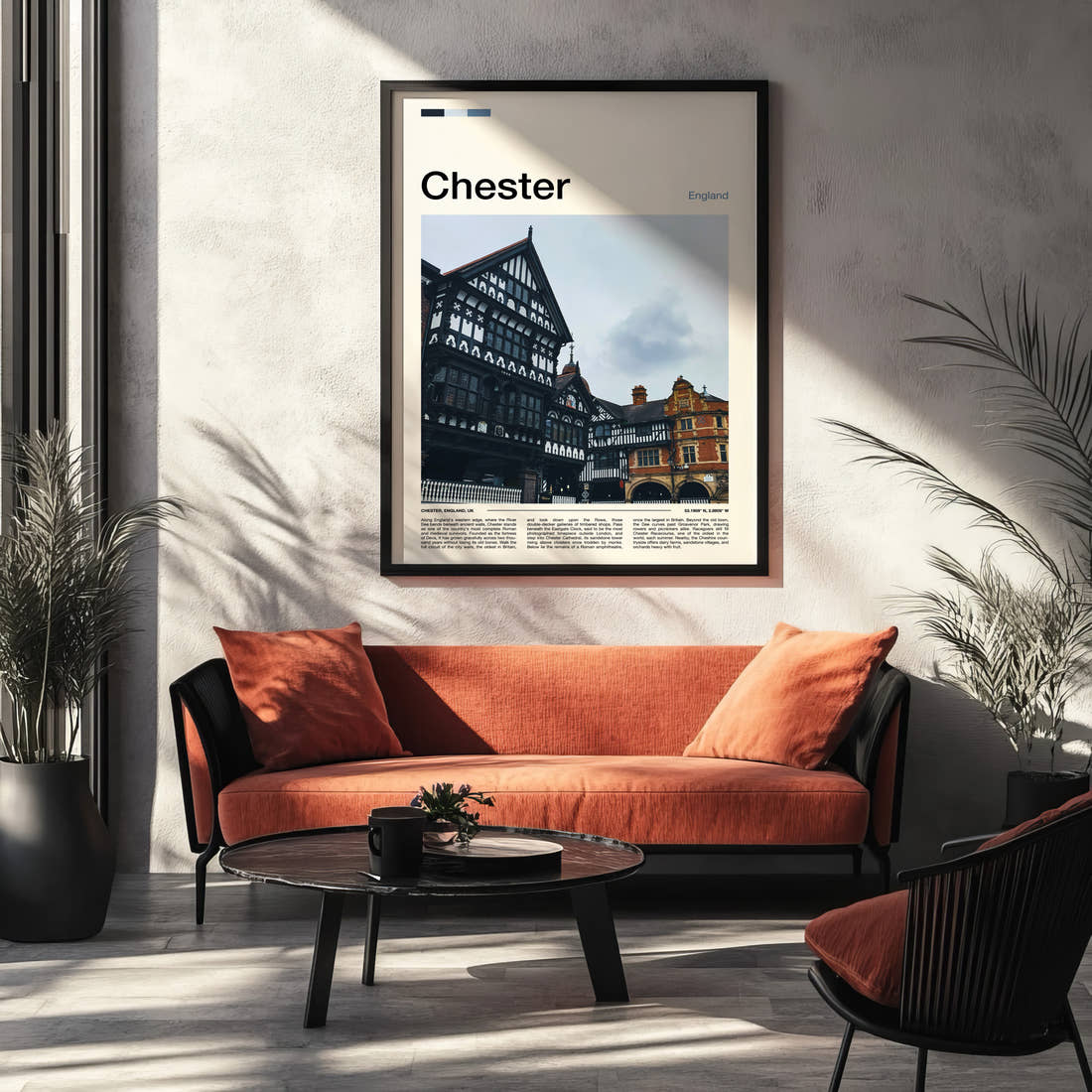 Chester Tudor Timber Rows Travel Print framed on the wall of a modern living room