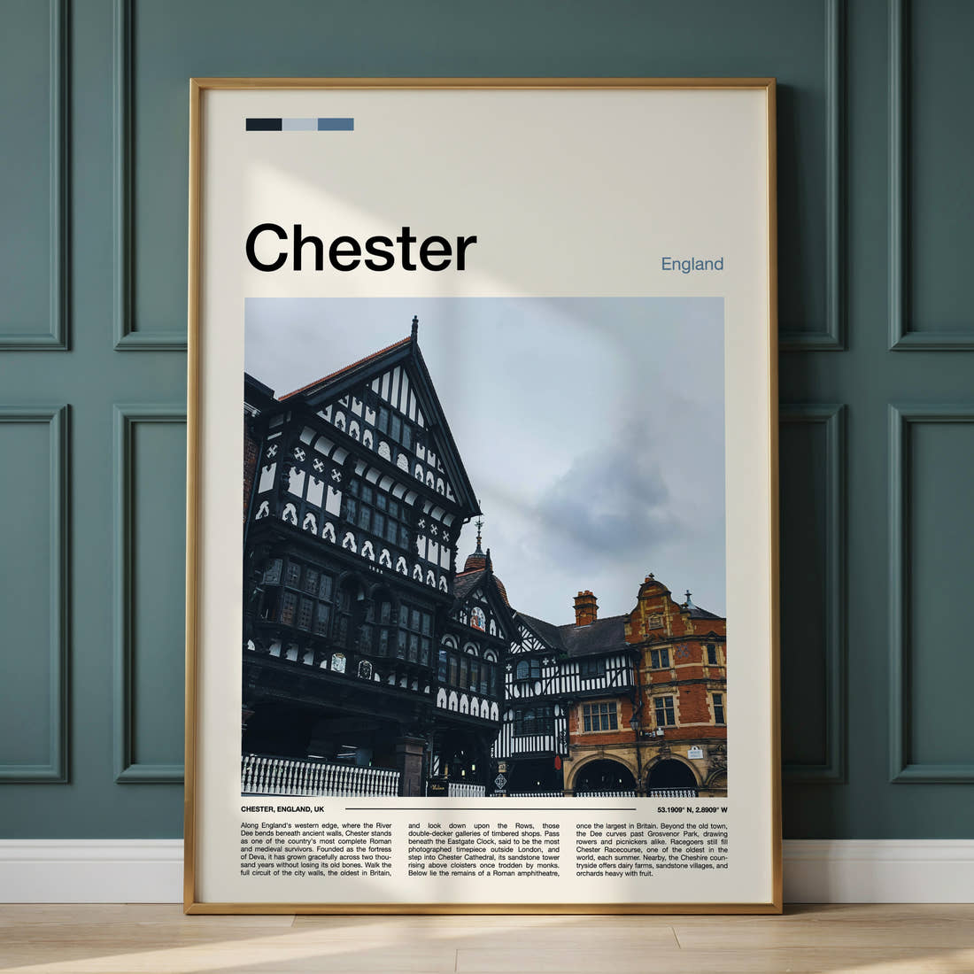 Chester Tudor Timber Rows Travel Print framed on the wall of a calm, neutral bedroom