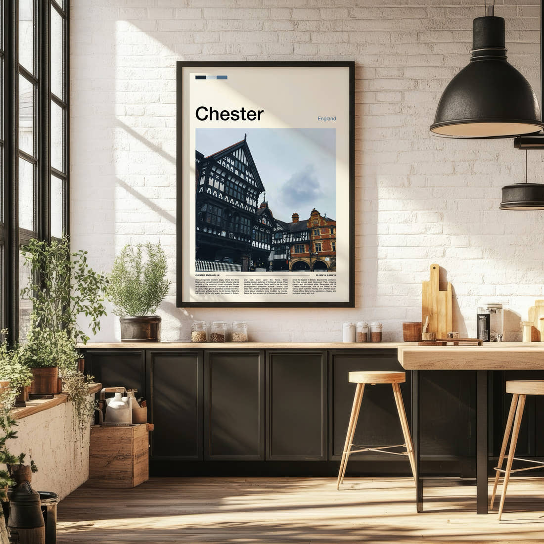 Chester Tudor Timber Rows Travel Print framed on the wall of a bright kitchen and dining space