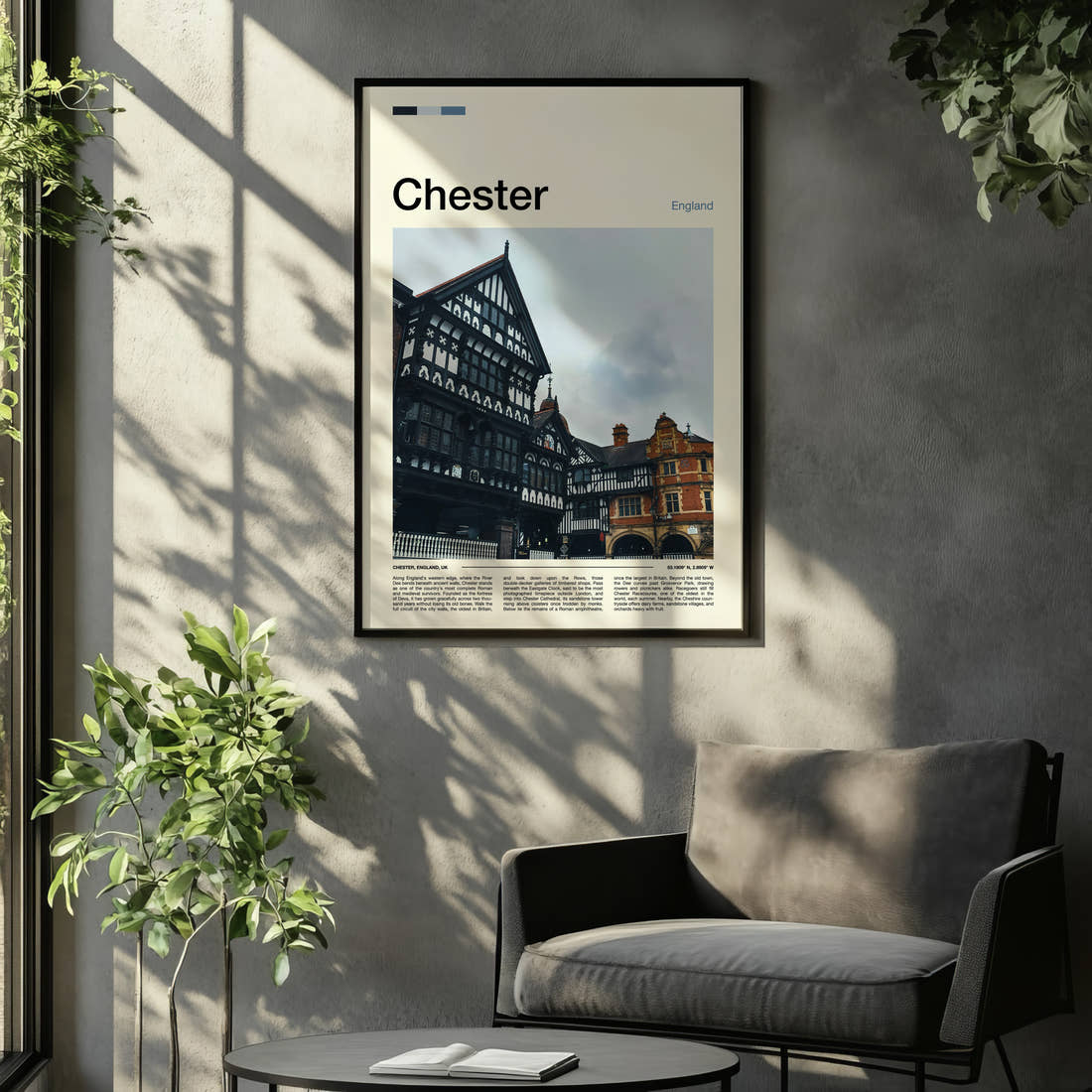 Chester Tudor Timber Rows Travel Print framed on the wall of a relaxed living room