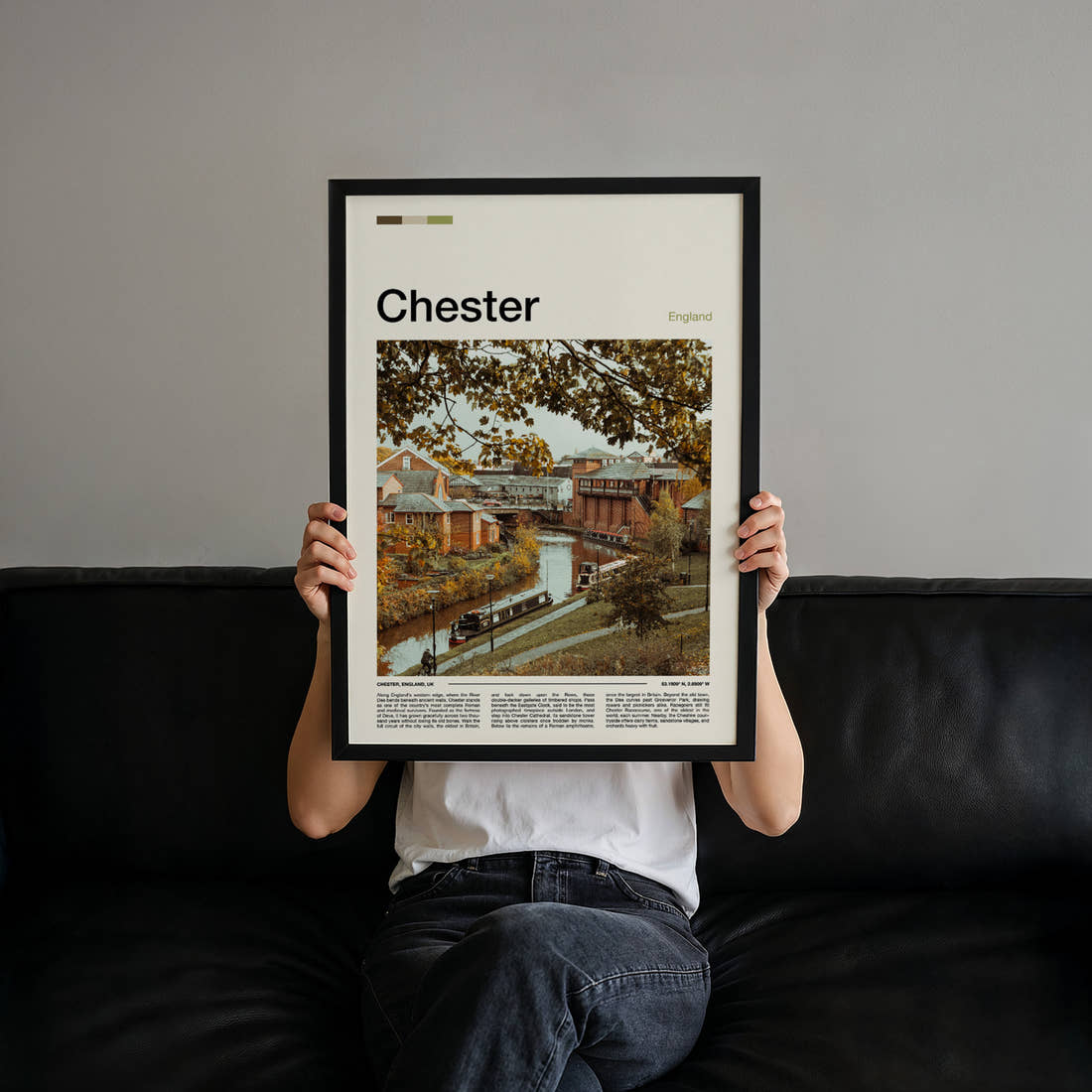 Chester Autumn Canal View Travel Print held up by hand to show the size of the print