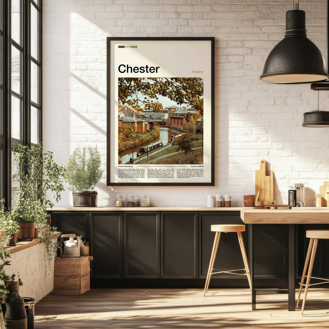 Chester Autumn Canal View Travel Print framed on the wall of a bright kitchen and dining space