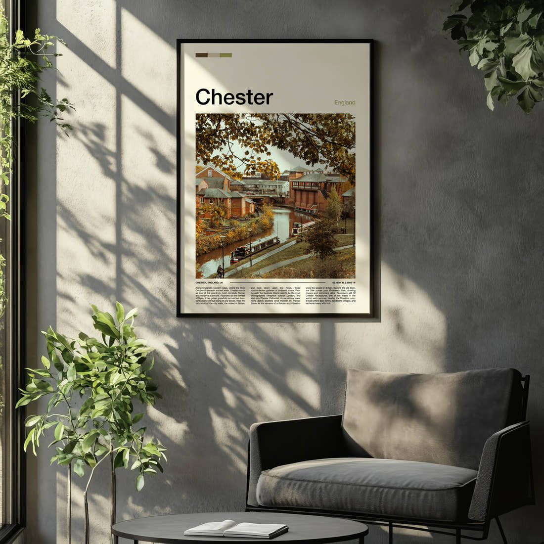 Chester Autumn Canal View Travel Print framed on the wall of a relaxed living room