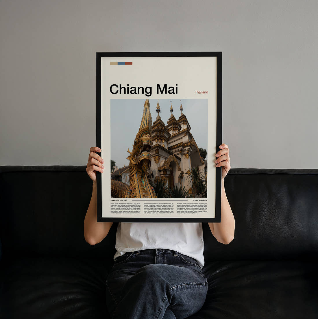 Chiang Mai Golden Dragon Statue Travel Print held up by hand to show the size of the print
