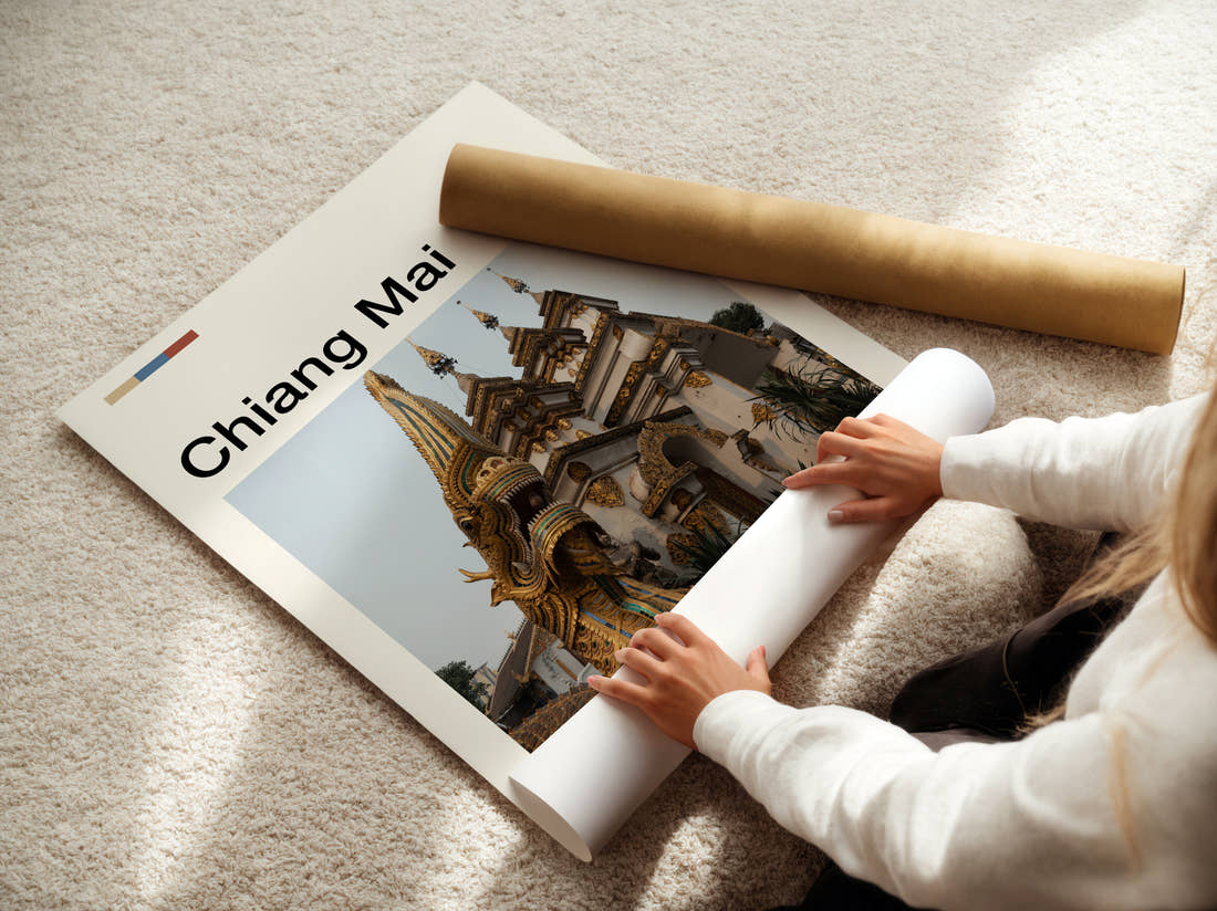 Chiang Mai Golden Dragon Statue Travel Print being unrolled from its postal tube