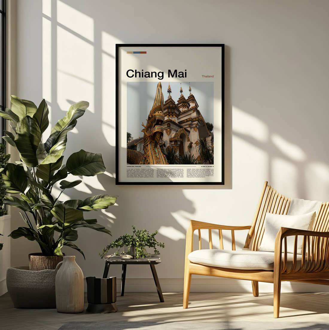 Chiang Mai Golden Dragon Statue Travel Print framed on a pale wall beside houseplants