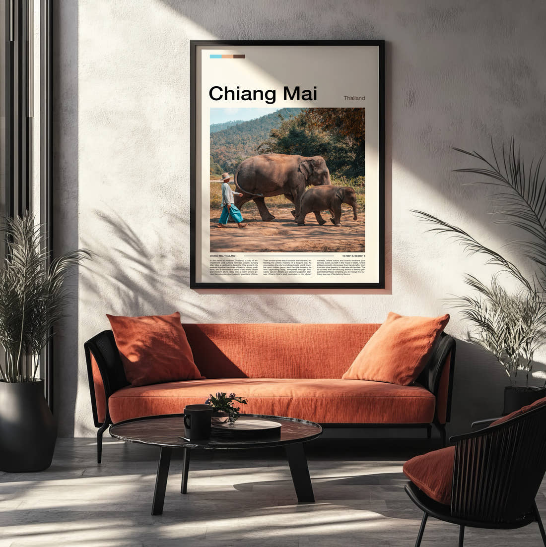 Chiang Mai Elephants Travel Print framed on the wall of a modern living room