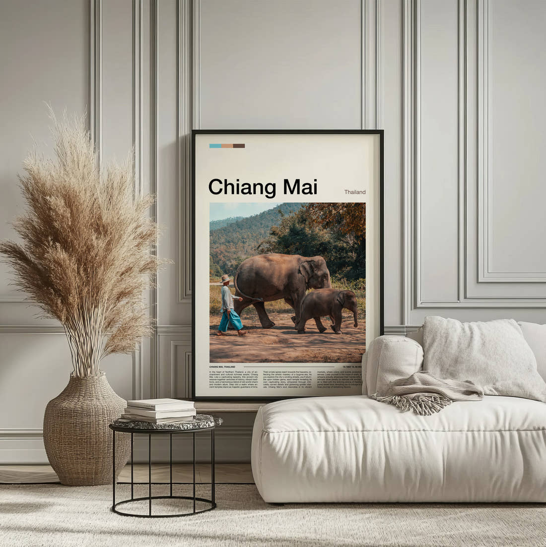 Chiang Mai Elephants Travel Print framed on the wall of a calm, neutral bedroom
