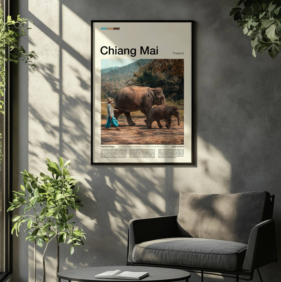 Chiang Mai Elephants Travel Print framed on the wall of a relaxed living room