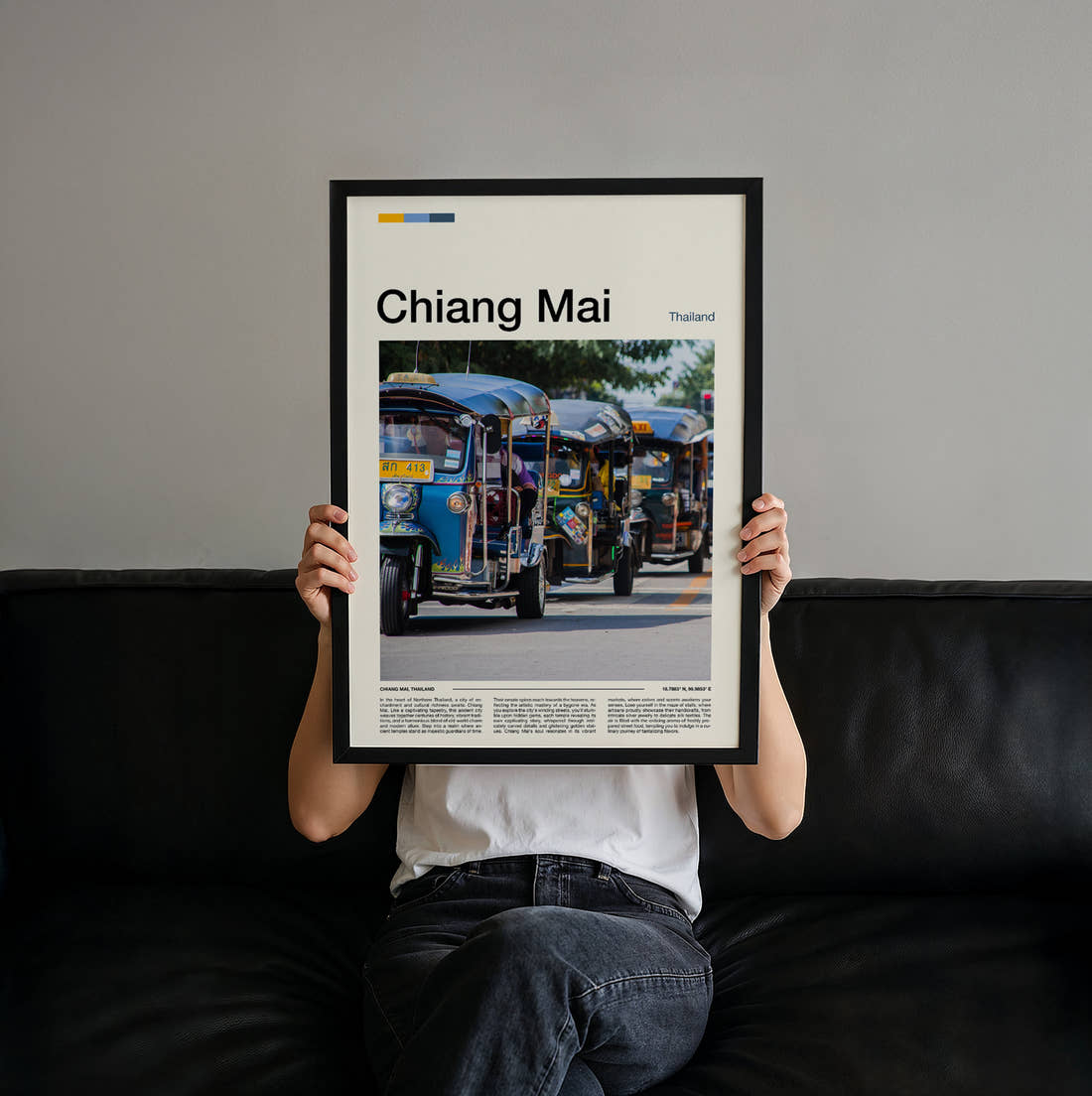 Chiang Mai Blue Tuk Tuks Travel Print held up by hand to show the size of the print